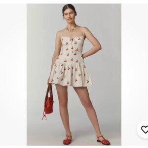 NWT Anthropologie Maeve Sweetheart Drop-Waist Mini Dress L White Cherry Sundress